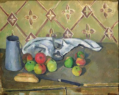 Fruta, servilleta y jarra de leche, c.1879-82 de Paul Cézanne